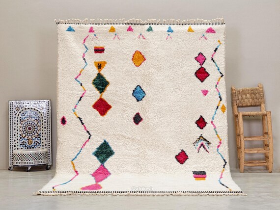 MOROCCAN AZILAL RUG, Handmade Berber Wool Carpet, Colorful Geometric Symbols, Custom Artisan Area Rug, White Tribal Design.