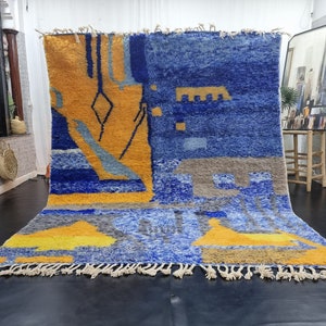 FUNKY WOOL RUG, Custom Size Beni Ourain Rug, Blue & Yellow Moroccan Rug, Handmade Area Rug, Shaggy Bohemian Rug, Modern Dining Room Rug.