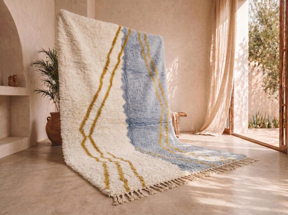Hand-Knotted Beni Ourain Rug – Powder Blue, Mustard Gold Wool Berber Area Rug