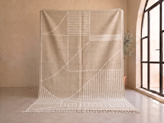 Beige Abstract Line Kilim Rug - Handmade Moroccan Wool Rug - Minimalist Striped Berber Area Rug for Living Room | Afrikesh