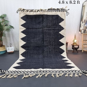 BLACK KILIM RUG, Flat Moroccan Rug 4x8, Geometric Berber Wool Rug, Solid Handmade Rug, Black And White, Flat Handwoven Rug, Sheep Wool Rug