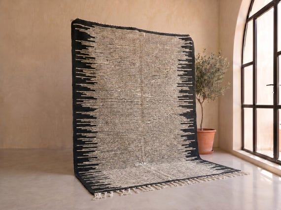 Charcoal Black and Ivory Striped Kilim Rug - Handmade Moroccan Wool Rug - Tonal Fringe Berber Area Rug for Living Room | Afrikesh