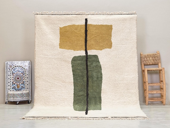 GREEN & MUSTARD RUG, Modern Abstract Moroccan Rug, Handwoven Wool Area Rug, Minimalist Beni Ourain Rug, Custom Size Berber Carpet.