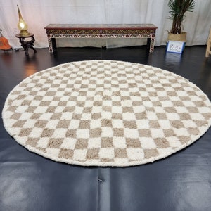 ROUND WOOL RUG, Tribal Moroccan Area Rug, Beni Ourain Handmade Circle Rug, Pale Brown Rug, Custom Living Room Carpet, Beige Checkered Rug.