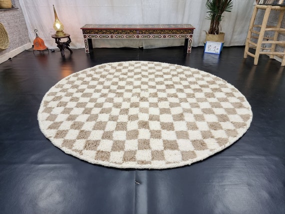 Wool Round Rug, Tribal Area Rug, Handmade Circle Rug, Pale Brown Rug,  Custom Moroccan Rug, Living Room Carpet, Wool Rug, Beige Checkered Rug -   Canada