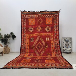UNIQUE Vivid Auburn FLOOR RUG, Woven Geometric Moroccan Rug, Orange Boho Wool Rug, Handmade Area Carpet 6x12, Long Antique Beni M'Guild Rug.