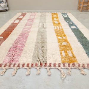 BERBER CARPET, Handmade Beni Ourain Rug, White Moroccan Rug, Custom Made Wool Rug, Striped Area Rug, Shaggy & Colored Floor Covering- Afrikesh Rug - Two Side Fringes.