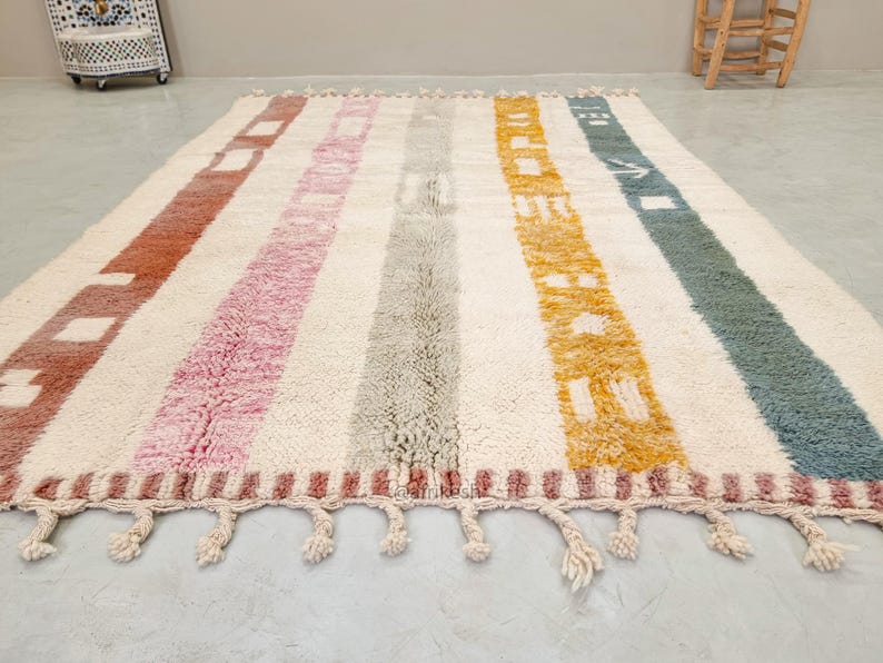BERBER CARPET, Handmade Beni Ourain Rug, White Moroccan Rug, Custom Made Wool Rug, Striped Area Rug, Shaggy & Colored Floor Covering- Afrikesh Rug - Two Side Fringes.