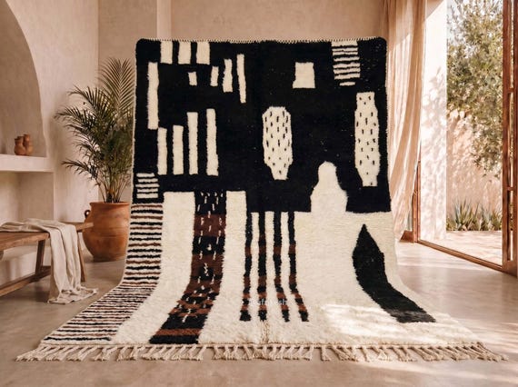Hand-Knotted Beni Ourain Wool Rug – Black White Abstract Berber Area Rug