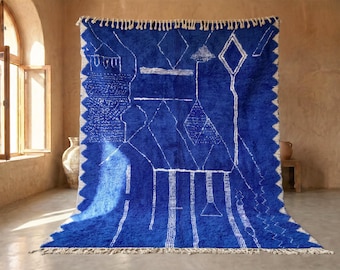 Electric Blue Abstract Beni Ourain Rug - Handmade Moroccan Wool Rug - High Pile Tribal Geometric Berber Area Rug for Living Room - Afrikesh