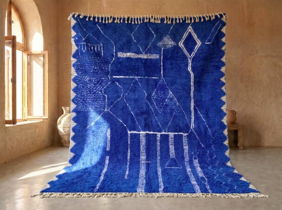 Electric Blue Abstract Beni Ourain Rug - Handmade Moroccan Wool Rug - High Pile Tribal Geometric Berber Area Rug for Living Room - Afrikesh