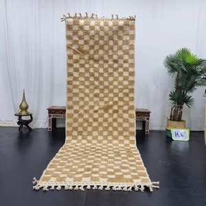 CUTE BENIOURAIN RUG, Moroccan Rug, Sheep Wool Rug, Checkered Rug, Custom Carpet, Light Brown Rug, Berber  Handmade Rug, Unique Runner Rug.