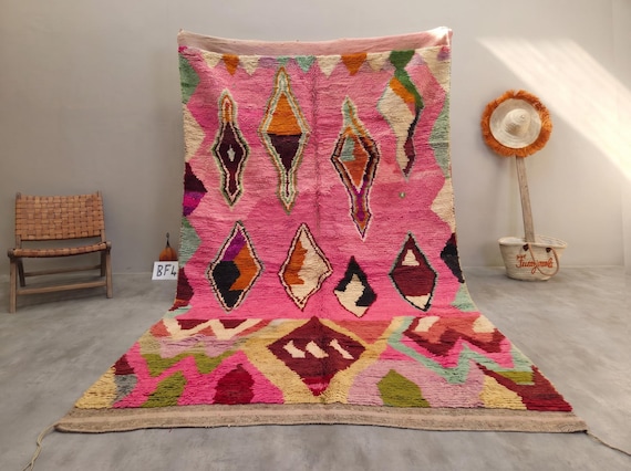 Powder Pink and Burgundy Boujaad Rug 6x10 - Handmade Moroccan Wool Rug - Vintage Diamond Pattern Berber Area Rug for Living Room | Afrikesh