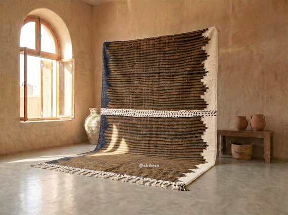 MOROCCAN KILIM RUG, Striped Zanafi Wool Rug, Flatweave Berber Carpet, Brown & Black Custom Area Rug, Cozy Accent for Rustic Home Decor