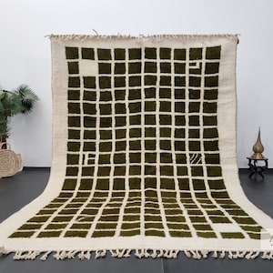 OLIVE GREEN RUG, Moroccan Area Rug, Custom Berber Handmade Rug, Bohemian Grid Wool Carpet, Handwoven Beni Ourain Rug, Stuninng White Rug.