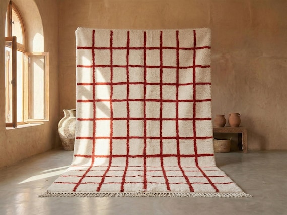 GRID MOROCCAN RUG, Personalized Berber Carpet, Beni Ourain Shag Rug, White & Red Rug, Handmade Wool Rug, Marvelous Beni Rug For Living Room.