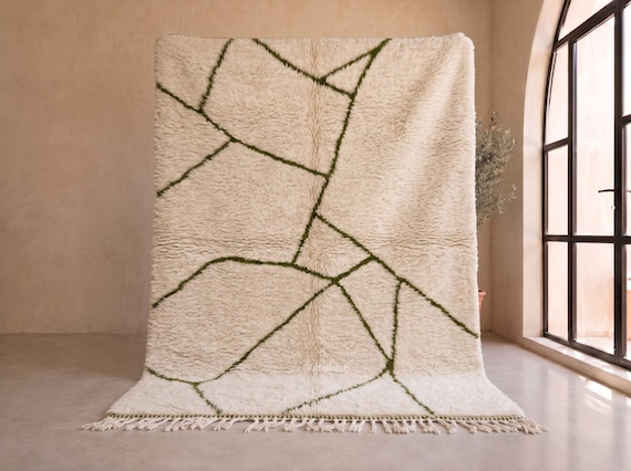 Soft Ivory High Pile Berber Area Rug – Handmade Moroccan Wool Rug – Olive Green Abstract Line Beni Ourain Rug for Living Room | Afrikesh