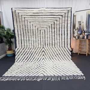SOFT BENIOURAIN RUG, Moroccan Rug , White & Navy Blue Rug, Striped Rug, Handmade Wool Carpet, Handwoven Rug, Berber Rug, Custom Tufted Rug