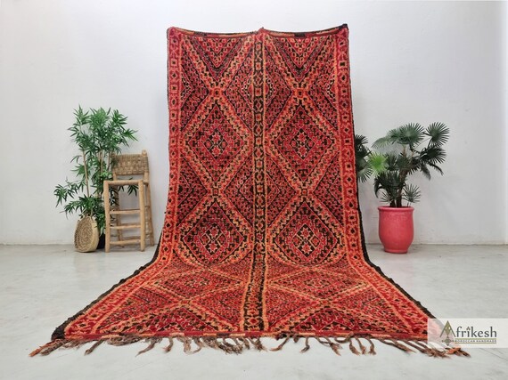 DIAMOND BOHO RUG 6x12, Red Moroccan Floor Decor, Berber Sheep Wool Carpet, Handmade Vintage Area Rug, Authentic Moroccan Timeless Craft.