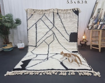 Handwoven Beni Ourain Rug 5.5x8.3: White & Black Abstract Berber Wool Rug