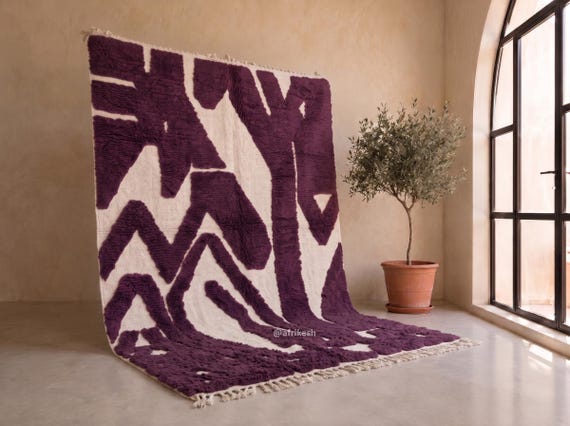 Organic Pattern Beni Ourain Rug - Handmade Moroccan Wool Rug - Burgundy and Ivory Plush Berber Area Rug for Living Room | Afrikesh
