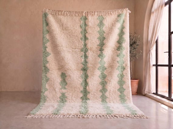Handwoven Moroccan Wool Rug - Sage Green Diamond Beni Ourain Rug- Soft Muted Shag Berber Area Rug for Bedroom or Nursery | Afrikesh