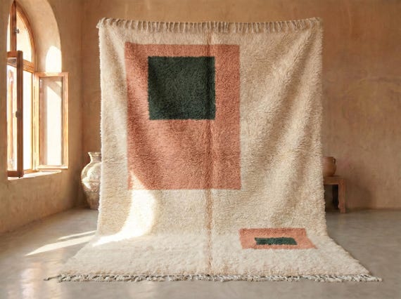 Soft Clay and Forest Green Beni Ourain Rug - Handmade Moroccan Wool Rug - Abstract Berber Area Rug for the Living Room | Afrikesh