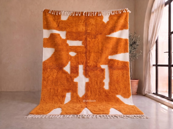 Bold Orange Abstract Beni Ourain Rug - Hand Tufted Moroccan Wool Area Rug - Thick Plush Pile Berber Carpet for Living Room | Afrikesh