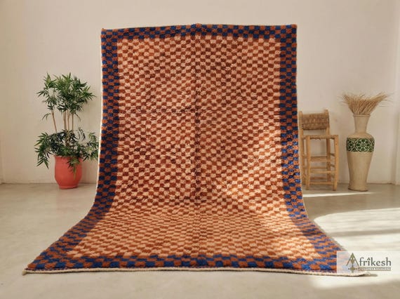 CHECK MOROCCAN RUG, Custom Made Beni Ourain Rug, Berber Brown & Blue Rug, Handmade Wool Carpet, Chic Fluffy Area Rug.