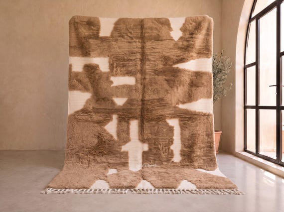 Camel Brown and Ivory Beni Ourain Rug - Handmade Moroccan Wool Rug - Abstract Tufted Berber Area Rug for Living Room or Bedroom | Afrikesh