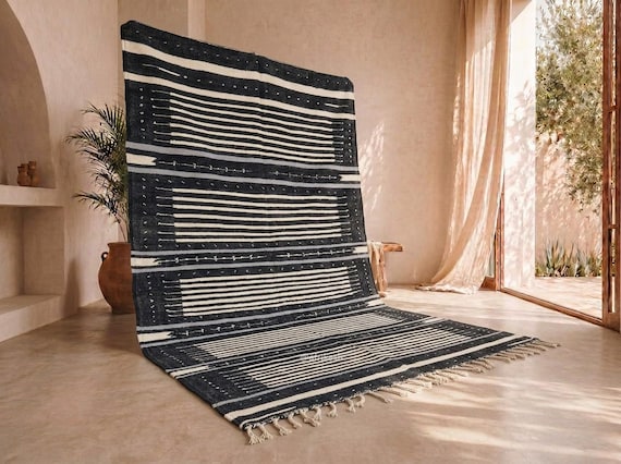 Handwoven Moroccan Kilim Rug – Black Ivory Wool Stripes, Modern Area Rug