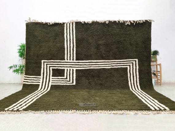 MOROCCAN RUG, Modern Beni Ourain Rug, Artisan Made Wool Rug, Striped Green & White Rug, Handmade Berber Carpet, Area Rugs.