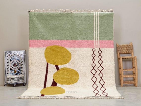 ABSTRACT MOROCCAN RUG, Handwoven Wool Area Rug, Modern Beni Ourain Design, Custom Berber Carpet, Sage Green & Pink Rug For Living Room.