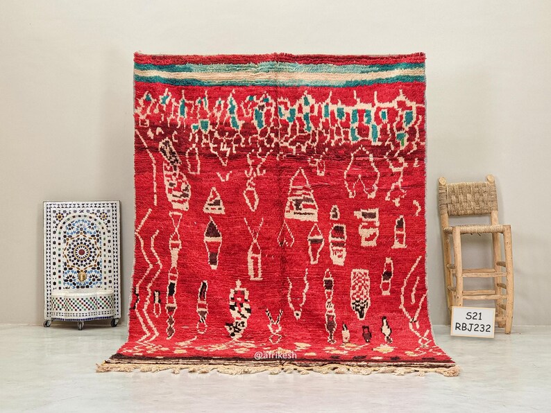 RED WOOL RUG 6x9, Tribal Moroccan Rug, Handmade Boujaad Rug, Vintage Dining Room Decor, Artistic Berber Carpet, Bohemian Interior Design - Afrikesh Rug - One Side Fringes.
Pile Height:1 cm-0.39 inches.