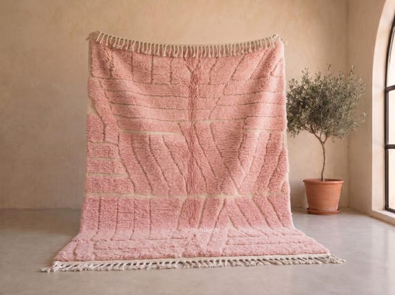 Soft Pink Beni Ourain Handmade Rug - Moroccan Wool Rug - Carved Line Berber Area Rug with Tufted High Pile for Bedroom or Nursery | Afrikesh