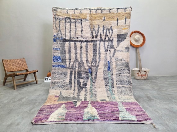 Ivory & Charcoal Abstract Vintage Rug - Handmade Moroccan Wool Rug 5x8ft - Purple and Blue Accent Berber Rug for Living Room | Afrikesh
