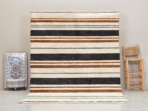 RUSTIC MOROCCAN RUG, Handcrafted Striped Wool Rug, Beni Ourain Area Rug, Black & Brown Berber Carpet, Custom Rug for Living Room, Bedroom.