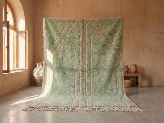 BENI OURAIN RUG, Berber Carpet, Hand Tufted Moroccan Rug, Custom Sage Green Rug, Wool Area Shag Rug, Pink Rug.