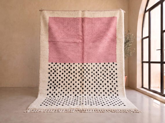 Rose Pink and Ivory Beni Ourain Rug - Handmade Moroccan Wool Rug - Speckled Color Block Berber Rug for Living Room or Bedroom | Afrikesh