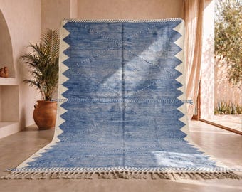 Custom Handwoven Moroccan Kilim Rug, Blue Ivory Zigzag Wool Flatweave Area Rug