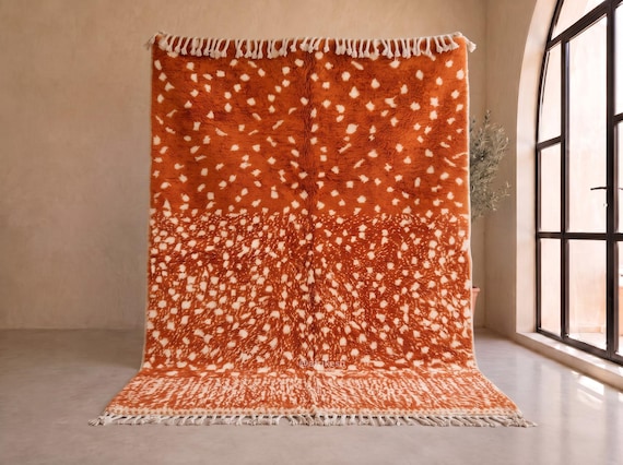Burnt Orange and Ivory Dotted Beni Ourain Rug - Handmade Moroccan Wool Rug - Shaggy Berber Rug for Living Room | Afrikesh