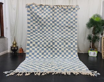 Gorgeous Beni Ourain Rug, Moroccan Handmade Carpet, White and Blue Rug, Tribal Rug, Berber Rug, Checkered Rug, Tapis berbere, Tapis marocain