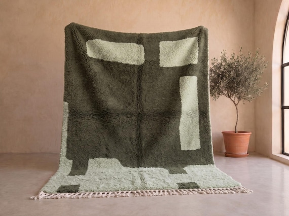 Handmade Moroccan Wool Rug - Forest Green and Sage Green Beni Ourain Rug - Abstract Color Block Berber Area Rug for Living Room | Afrikesh