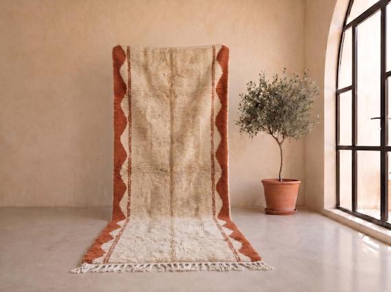 Sahara Sand & Terracotta Beni Ourain Rug - Handmade Moroccan Wool Runner Rug - Zigzag Border Berber Runner for Entryway | Afrikesh