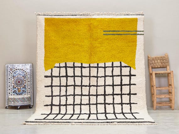 YELLOW AREA RUG, Made to Order Moroccan Rug, Handcrafted Beni Ourain Carpet, Authentic Wool Berber Rug, White Grid Pattern Rug.