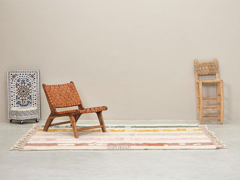 BERBER CARPET, Handmade Beni Ourain Rug, White Moroccan Rug, Custom Made Wool Rug, Striped Area Rug, Shaggy & Colored Floor Covering- Afrikesh Rug - Two Side Fringes.