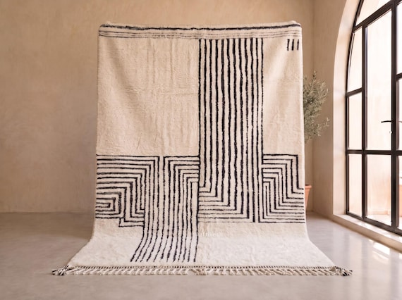 Handmade Moroccan Wool Rug - White and Black Beni Ourain Tufted Rug - Abstract Geometric Line Berber Area Rug for Living Room -  Afrikesh