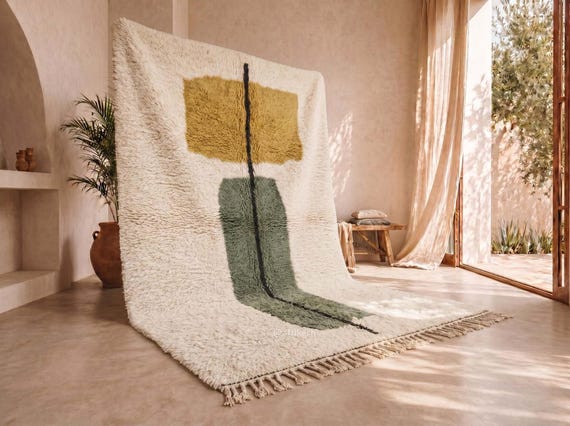 Handmade Beni Ourain Rug – Sage Green, Mustard Abstract Wool Berber Carpet
