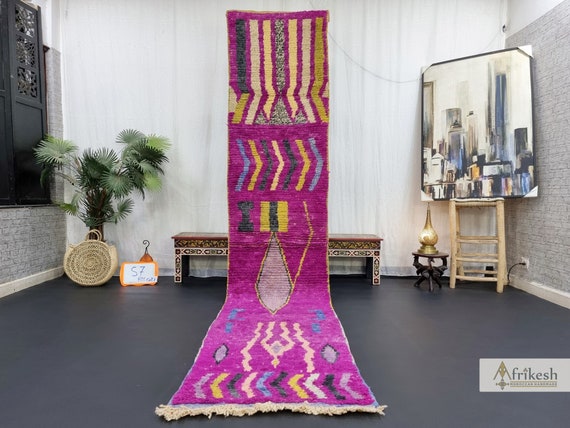 FUCHSIA BOUJAAD RUNNER, Moroccan Rug 2x11, Abstract Runner, Berber Rug, Fuchsia and Yellow Runner, Handwoven Sheep Wool Rug, Hallway Rug.