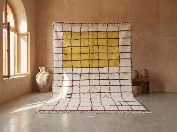 MODERN HANDMADE CARPET, Custom Berber Wool Rug, Moroccan White and Yellow Rug, Boho Grid Rug, Handwoven Beni Ourain Area Rug.